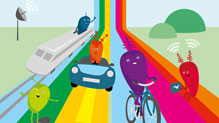 Illustration mit Zug, Auto und Fahrrad auf bunten Straßen mit Früchten