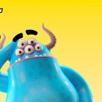 Blaues Comic-Monster mit Hörnern auf gelbem Hintergrund